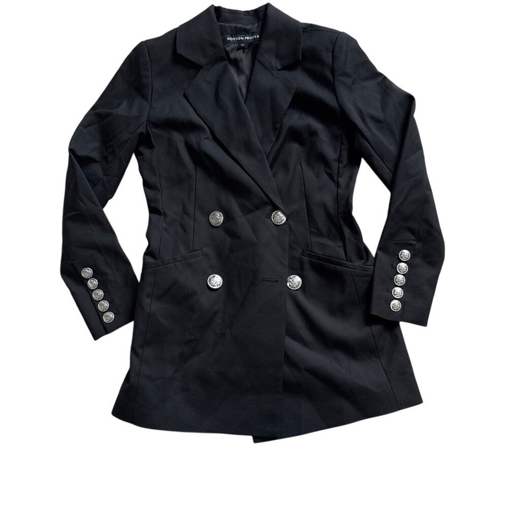 Boston Proper Black Longline Blazer 4 Double Breasted Silver Crest Button Coat - Picture 3 of 11